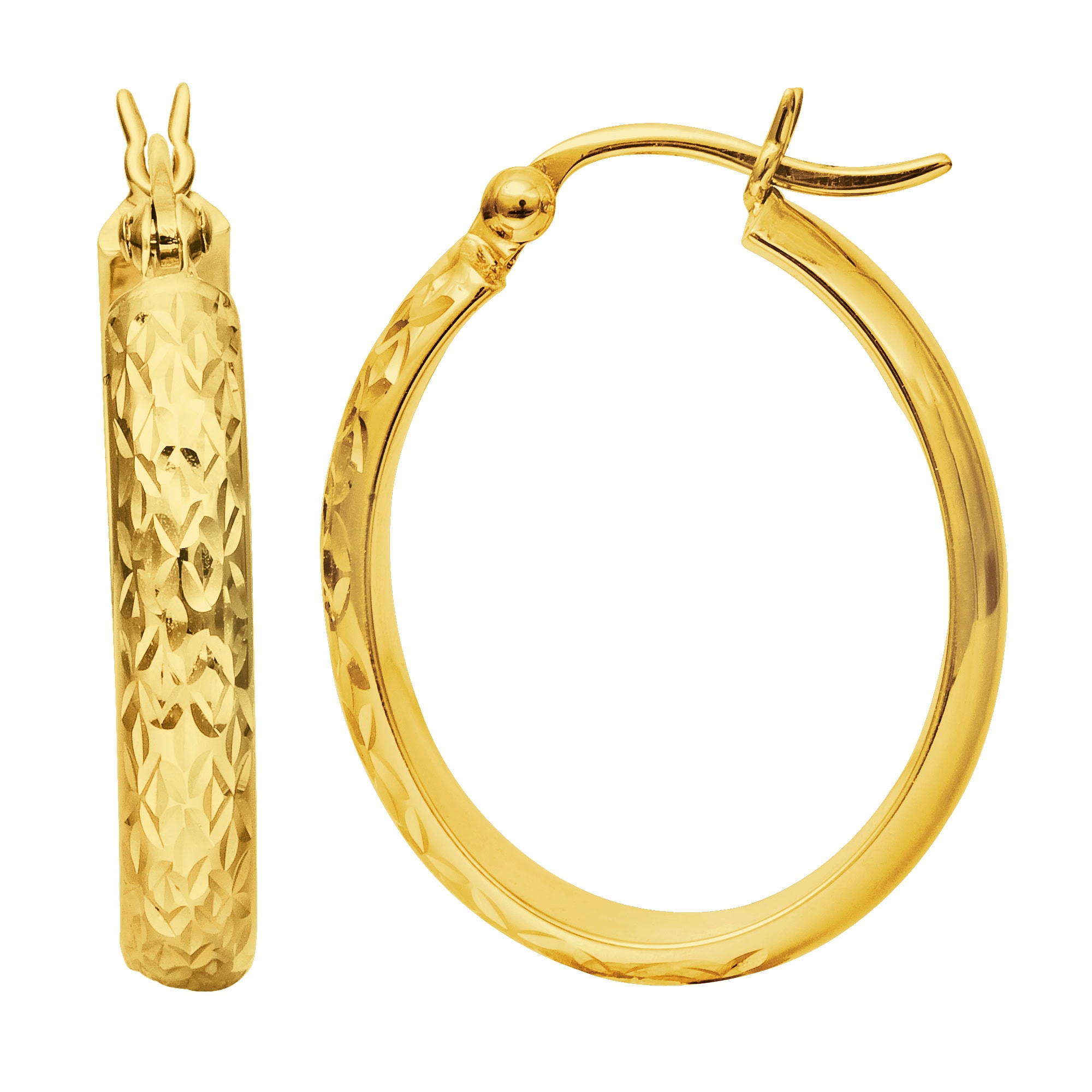 10K Gold Oval Diamond Cut Hoop Earring
