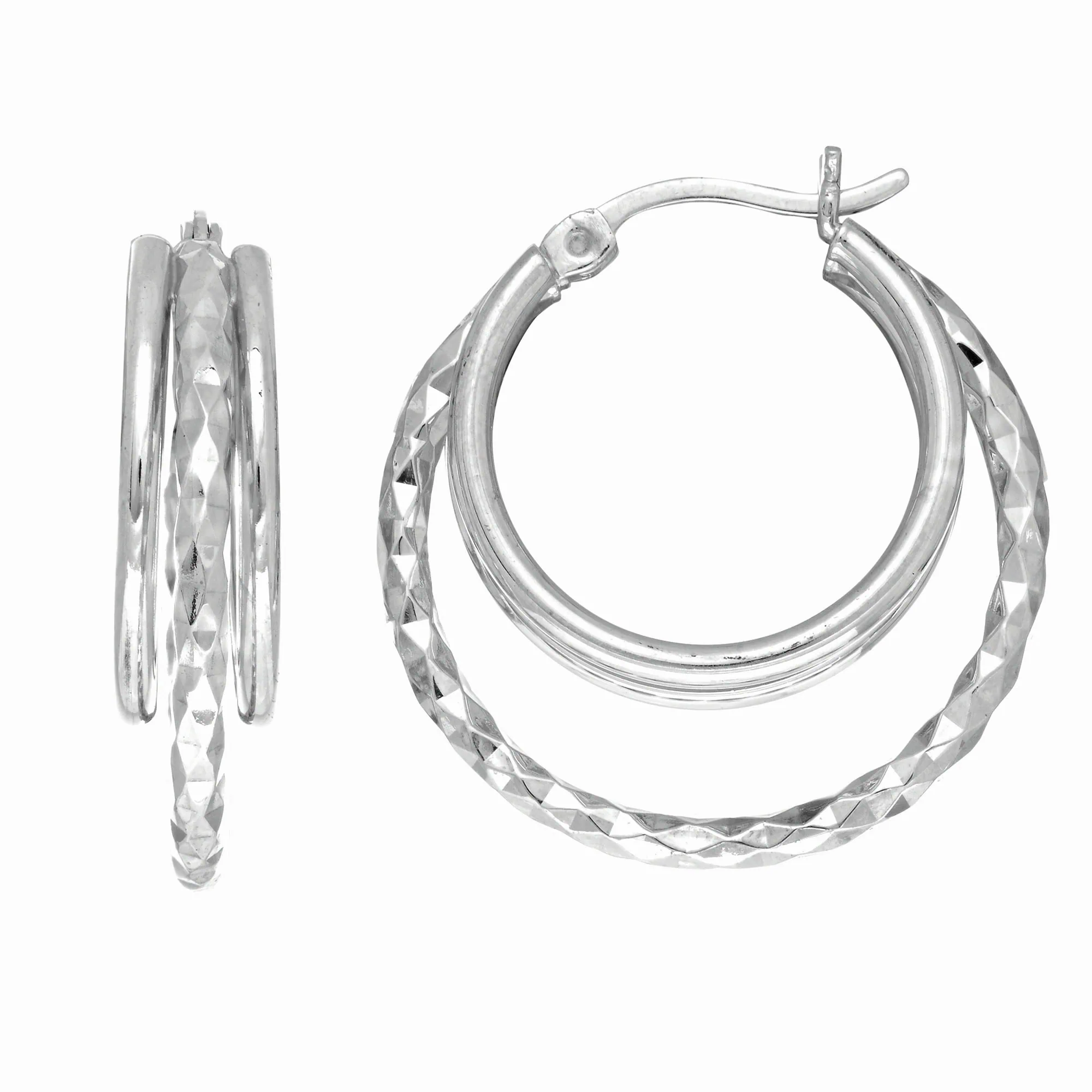 Silver Three Row Diamond Cut and Polished Hoop Earring