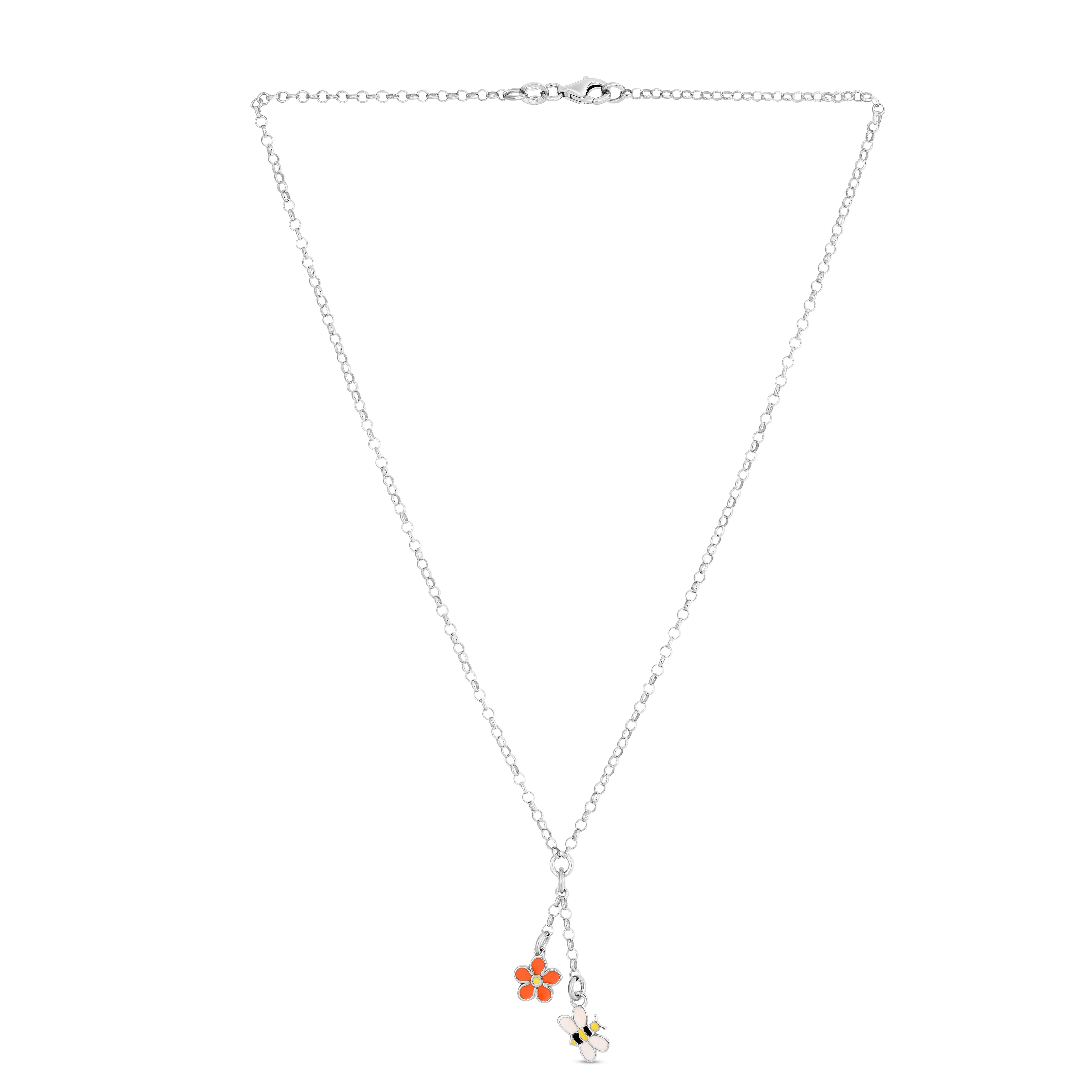 Silver Enamel Flower Lariat Necklace
