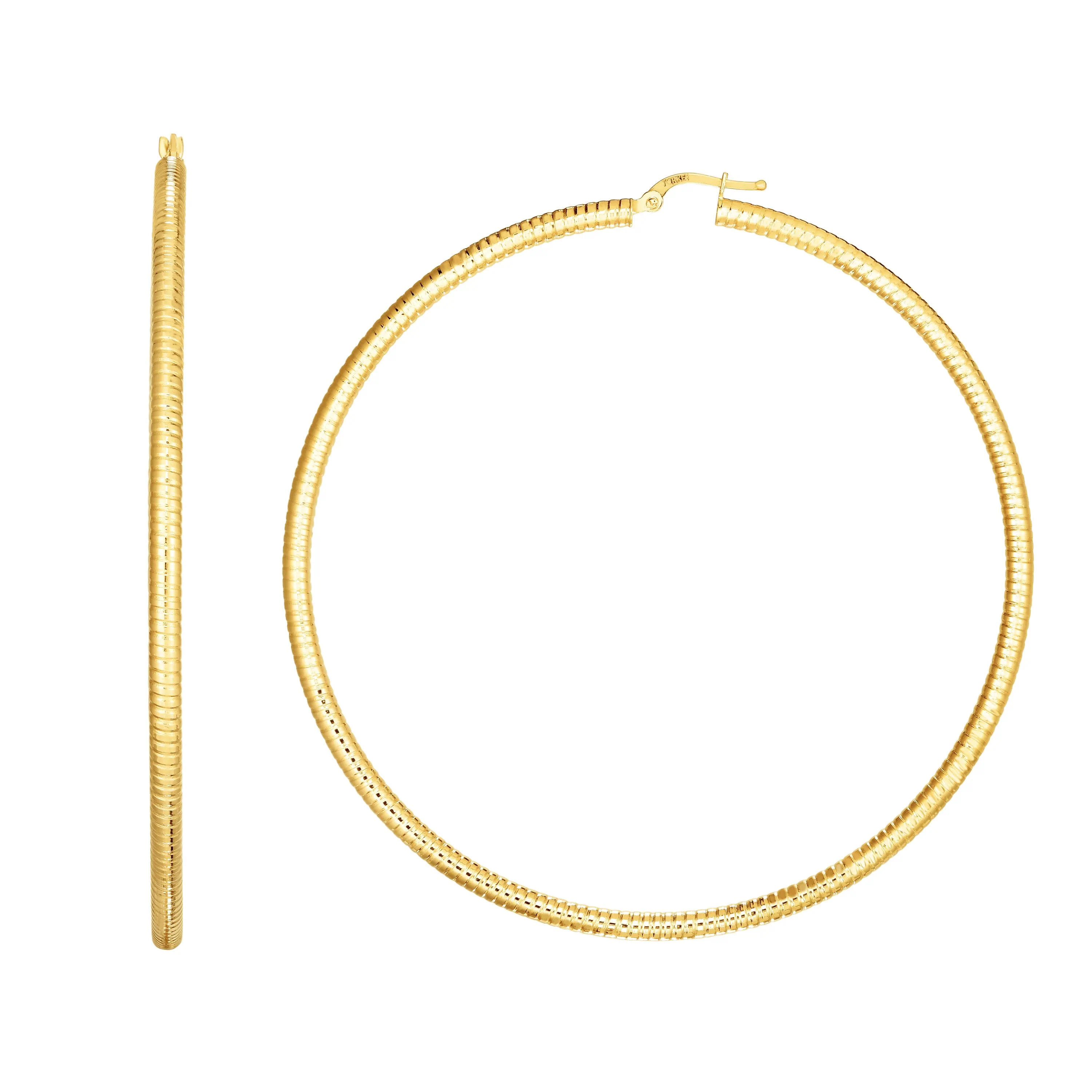 14K Gold 3x80mm Textured Hoop Earring