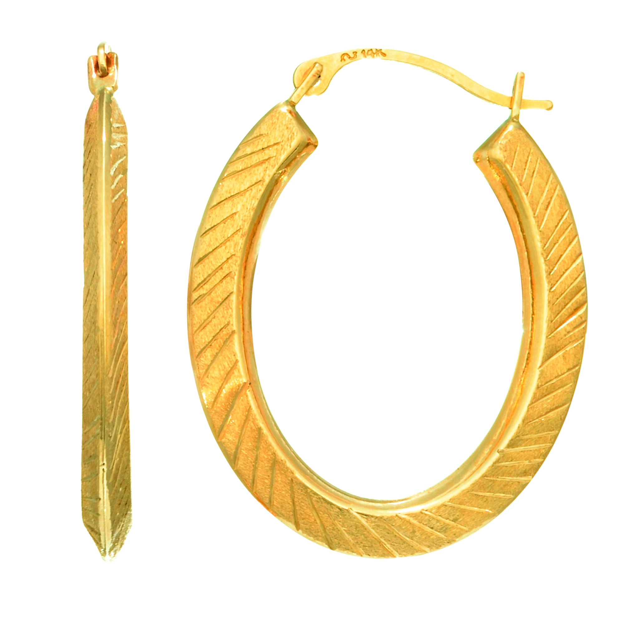14K Gold Textured Oval Back to Back Hoop Earring