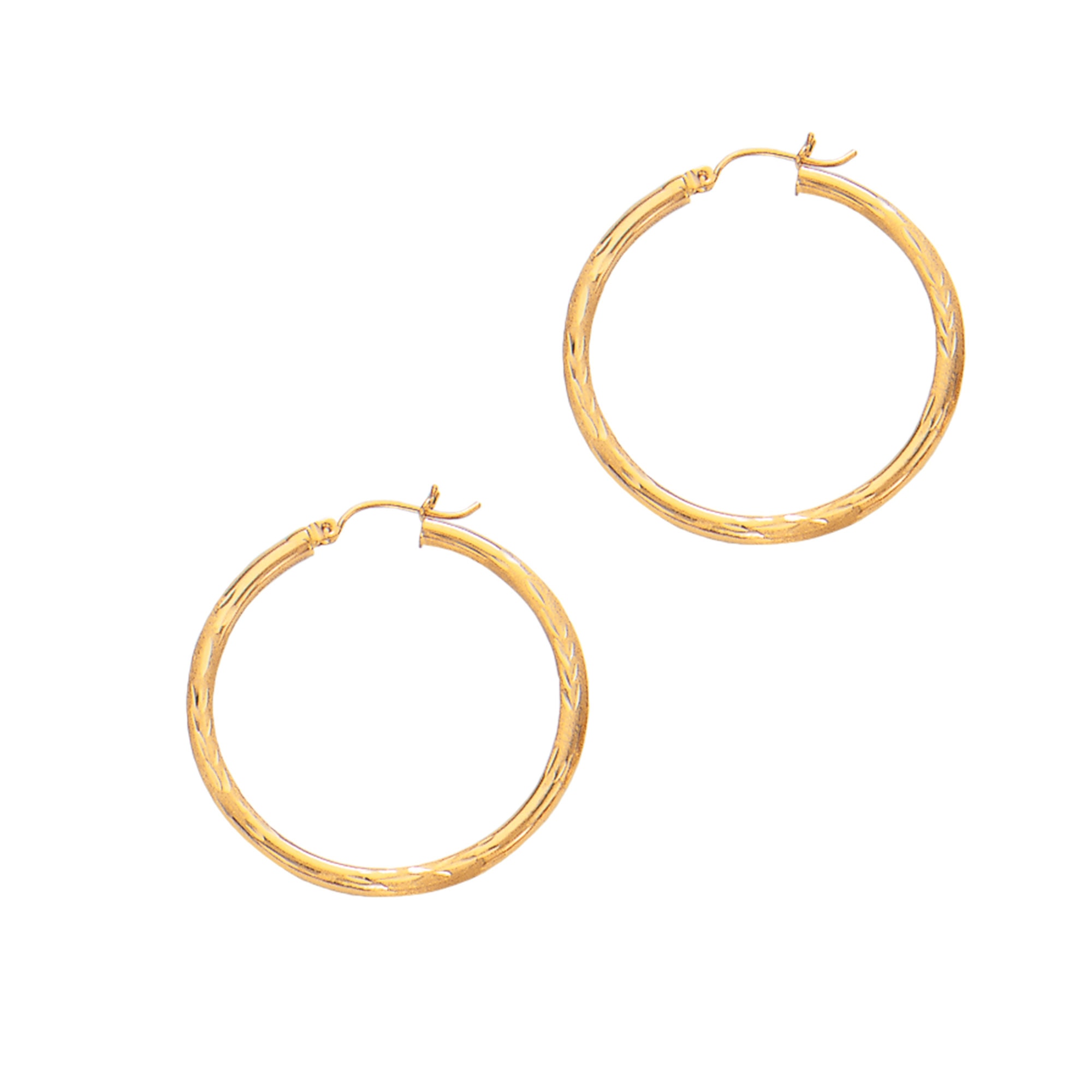14K Yellow Gold 2x25mm Diamond Cut & Polished Design Hoop Earring