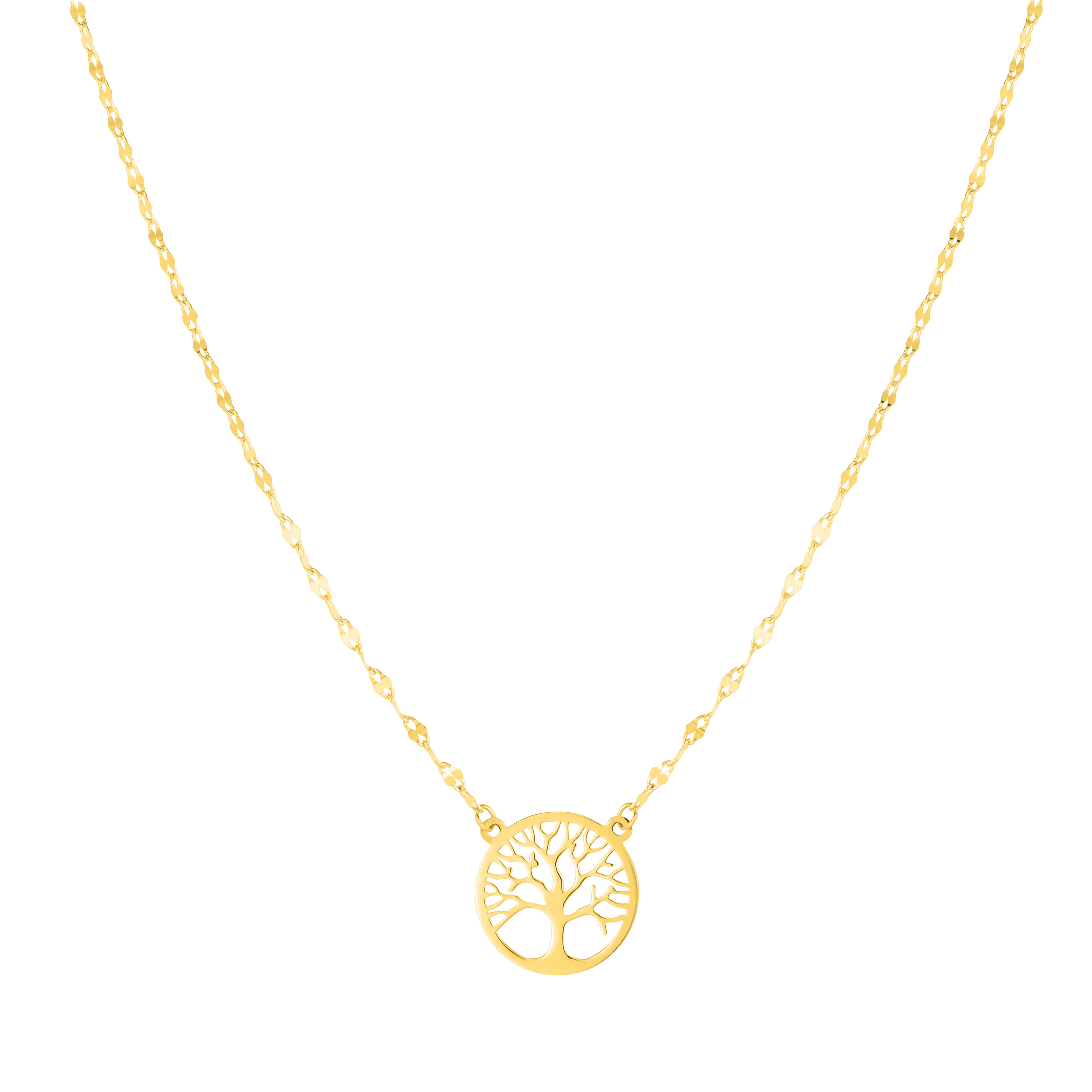 14K Gold Tree of Life on Mirror Chain Necklace