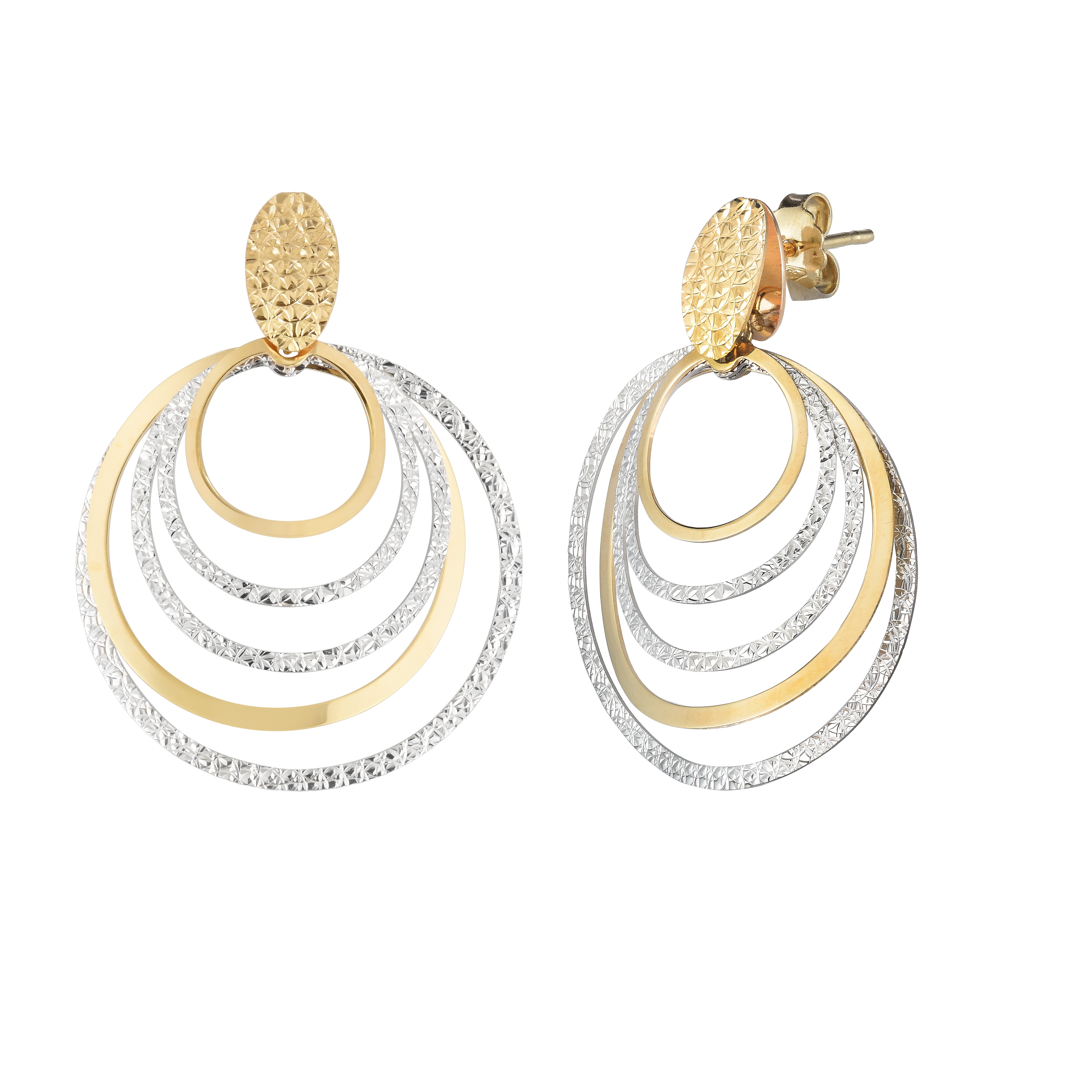 14K Gold Polished & Diamond Cut Round Multi-Layered Dangle Earring