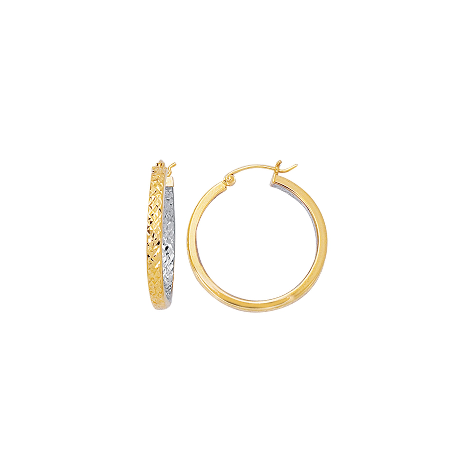 10K Gold Yellow Exterior, White Interior Diamond Cut Hoop Earring